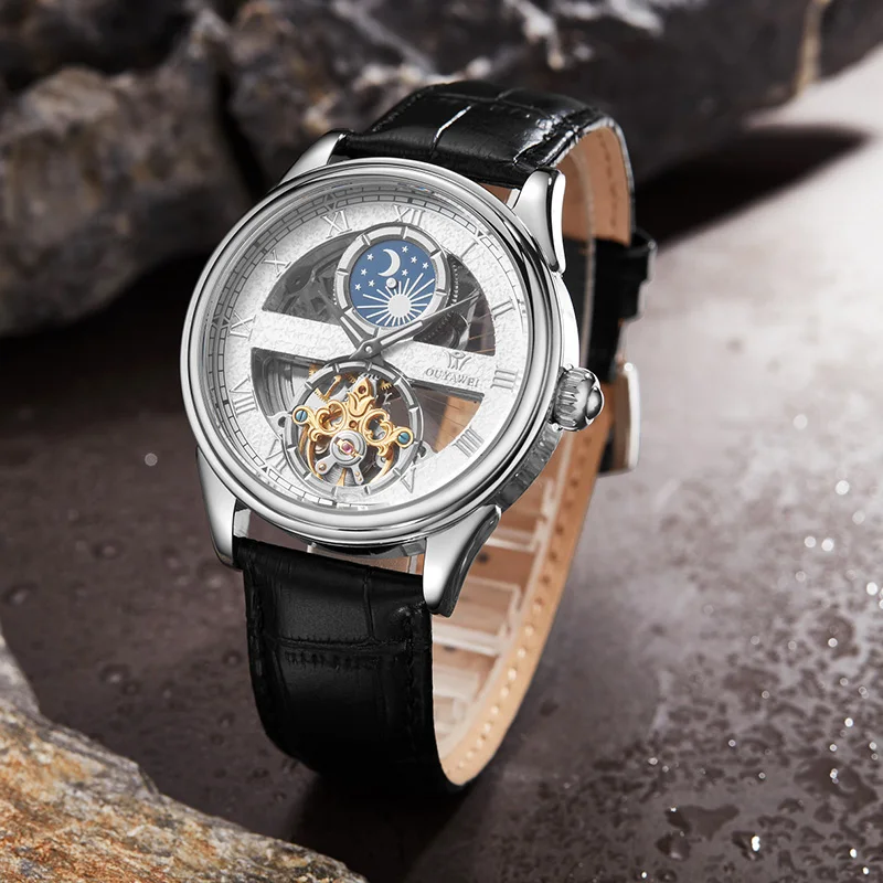 

OUYAWEI 2019 clock Mechanical watch men Automatic Skeleton Tourbillon waterproof top brand luxury Moon Phase Wrist Watches
