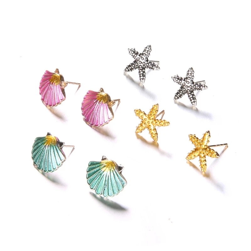 

4 Pairs Assorted Boho Stud Earrings Colorful Sea Shell Starfish Beach Jewelry