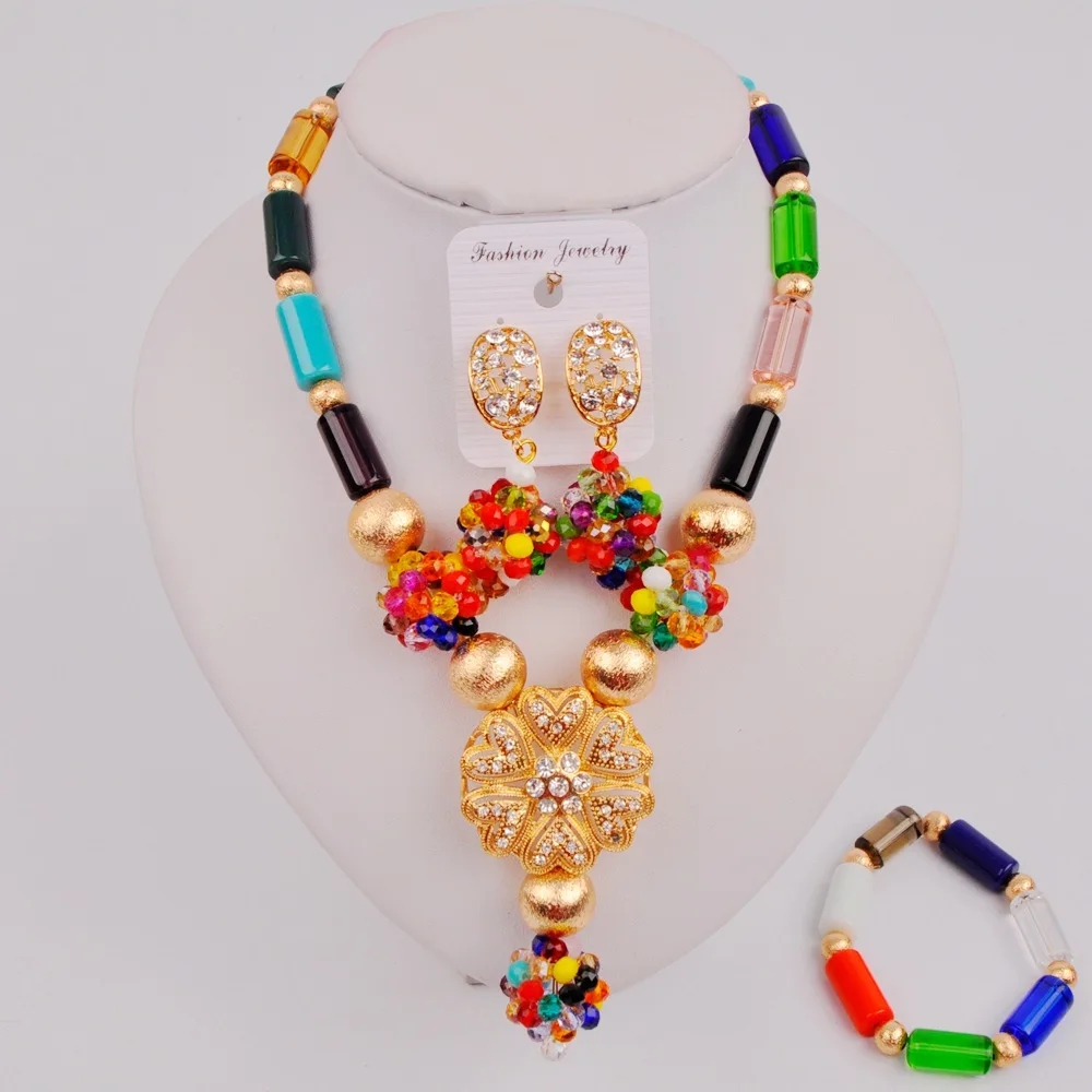 

Lovely Multicolor Nigerian Wedding African Beads Jewelry Set Crystal Costume Necklace SZ-Q1-6