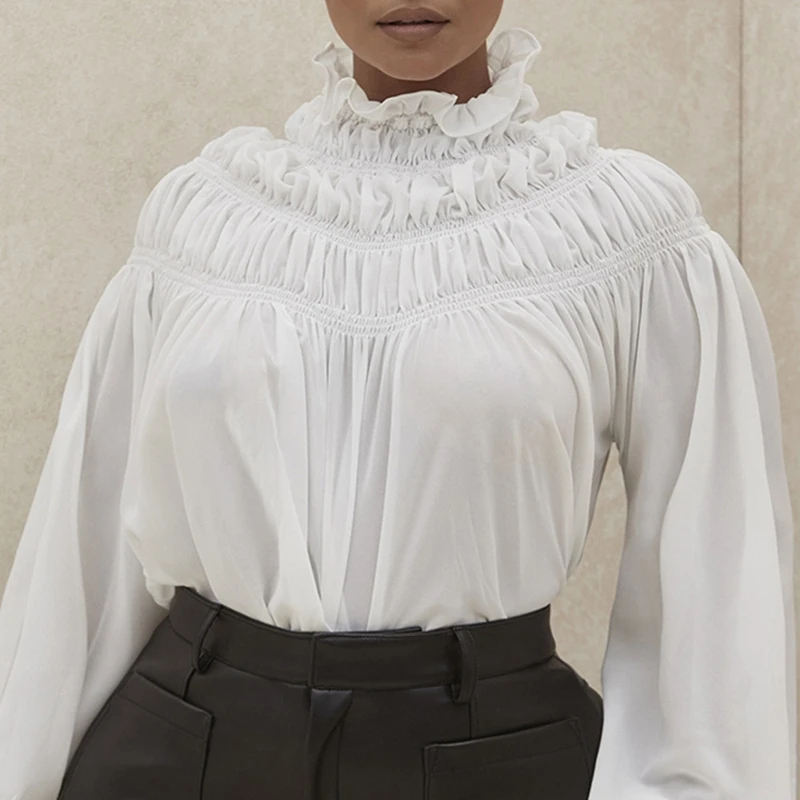 

Women's Summer Long-Sleeve Elegant High Neck Pleated Chiffon Shirt Blouse Women