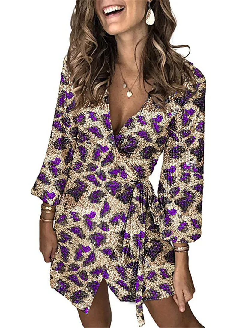 

Leopard Sequin Sexy Dress Women Fashion Print Party Club Dresses Summer Dress Vestidos Long Sleeve V-Neck Plus Size 2XL 2019
