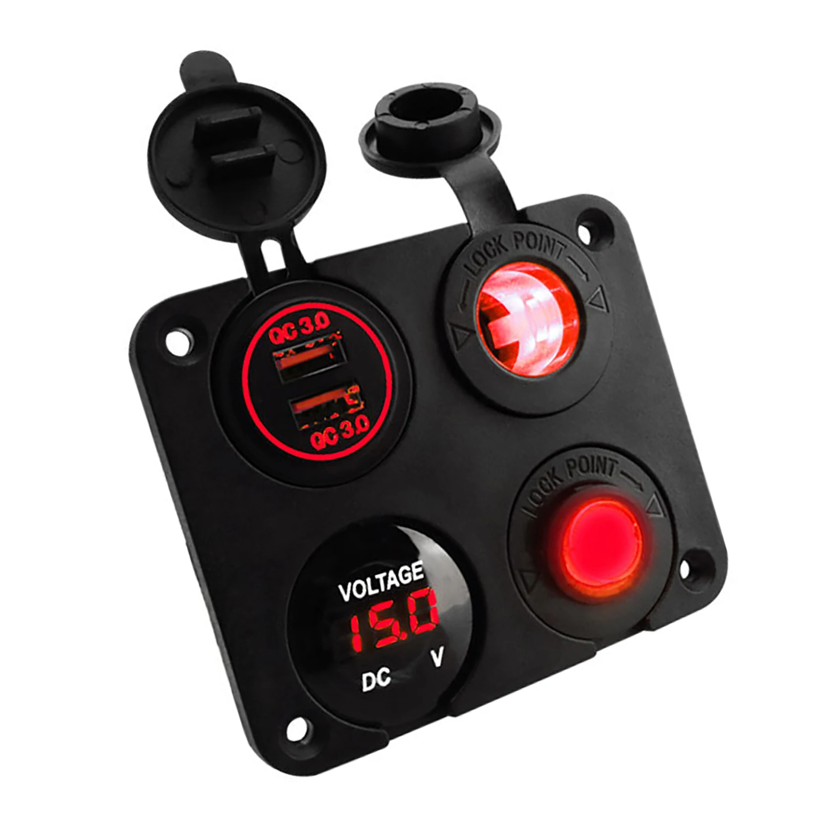 

New 4 In 1 Dual USB Socket Charger LED Voltmeter Power Outlet Panel With Switch For 12V-24V Car Truck Motorcycle(Black)