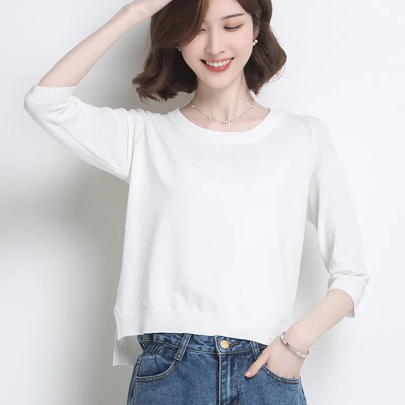 

Thin Sweaters Women 2020 Spring Summer New Korean Style Round Neck Three Quarter Sleeves Loose Pullover Knitted Wear M-3XL