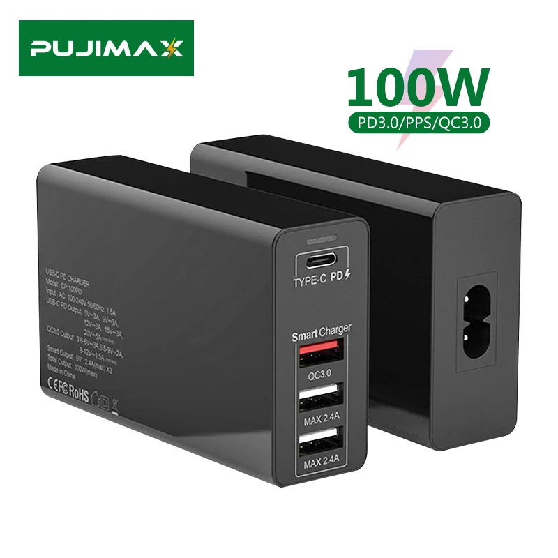 

PUJIMAX 100W USB C 4-Port Power Adapter PD100W/87W/65W/45W/30W/18W Type C Fast Charger for Macbook Pro 13/15/16 iPhone 8 11 X XS