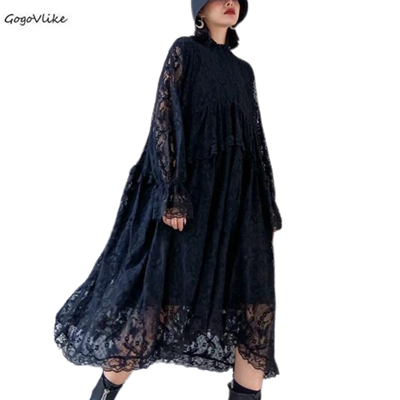 Женское кружевное платье с длинным рукавом черное асимметричное большого
