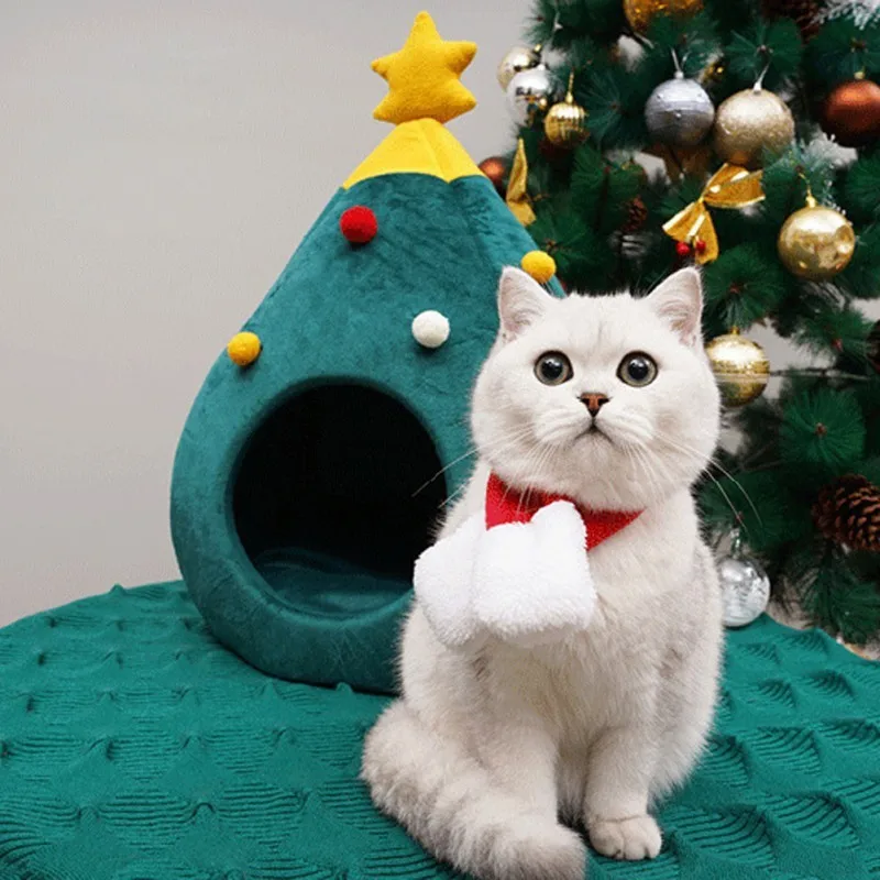 Кошка в форме рождественской ёлки, дом, мягкое теплое гнездо, кровать для щенка, кота, полузакрытая домашняя зимняя теплая спальная кровать