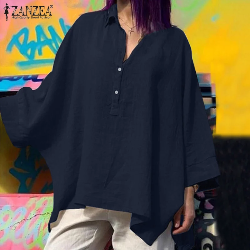 

2022 ZANZEA Spring Women Batwing-Sleeve Blouse Turn-Down-Collar Cotton Baggy Chemise Bohemian Loose Casual Elegant Holiday Tops
