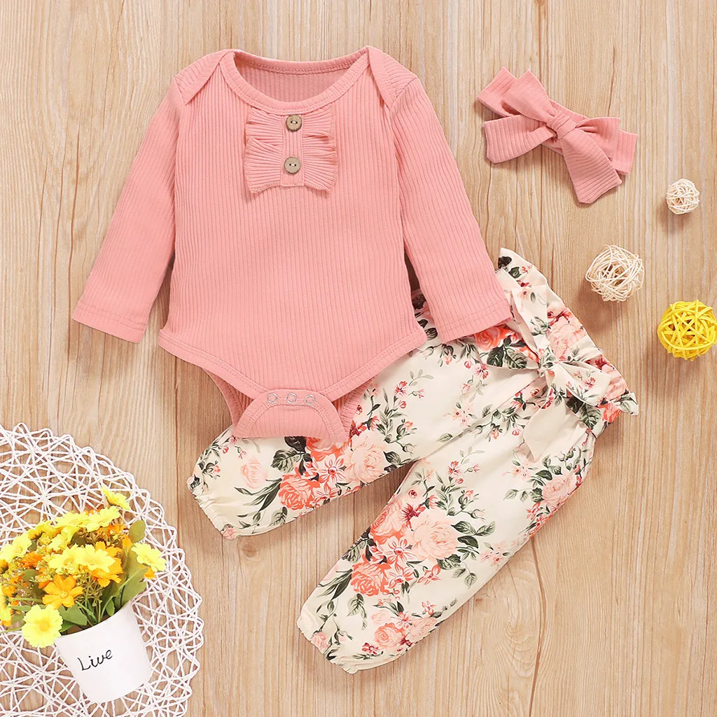 

Baby Kids Clothing Sets toddler Baby Girls Long Sleeve Ruffles Romper Bodysuit+floral Pants Outfits деская дежда Ropa Teens