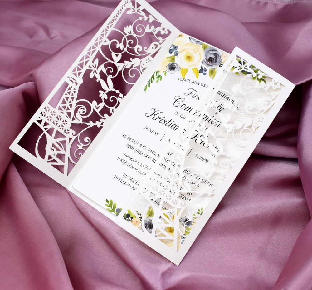 Свадебные приглашения в стиле башни Парижа с лазерной гравировкой 50 шт.