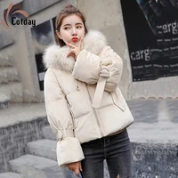 cotday long short with hooded big fur collar beige belt cotton 2020 new winter warm women england style casual bread parka coat