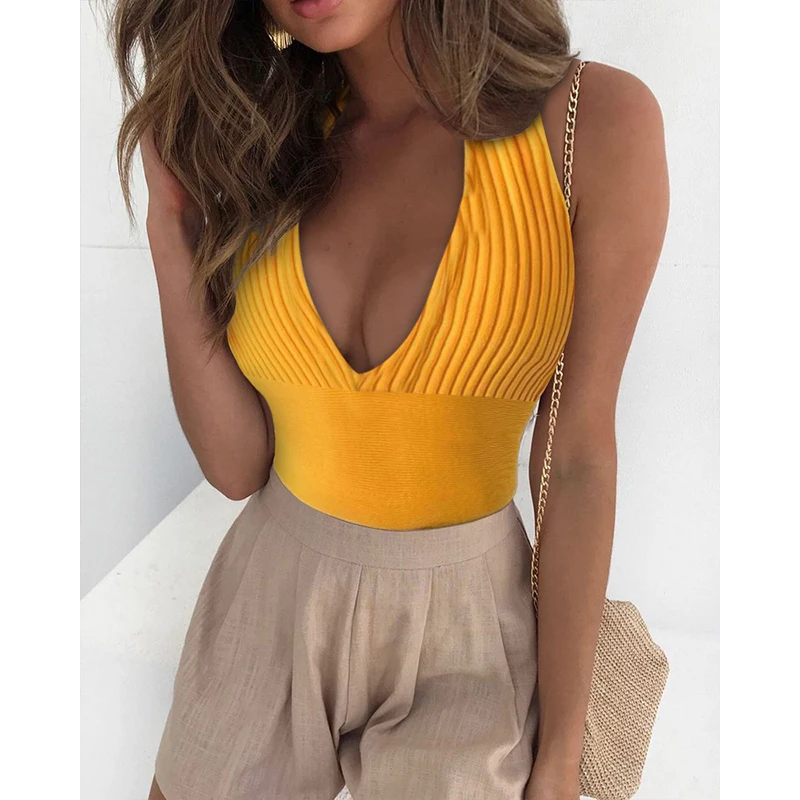 

2021 Women Summer Fashion Sexy Deep V Neck Solid Plunge Ruched Casual Tank Top Crop Slim Sleeveless Skinny