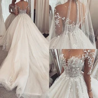glamours lace wedding dress long train full sleeve illusion bridal gowns appliqued beading pearls back buttons wedding dresses