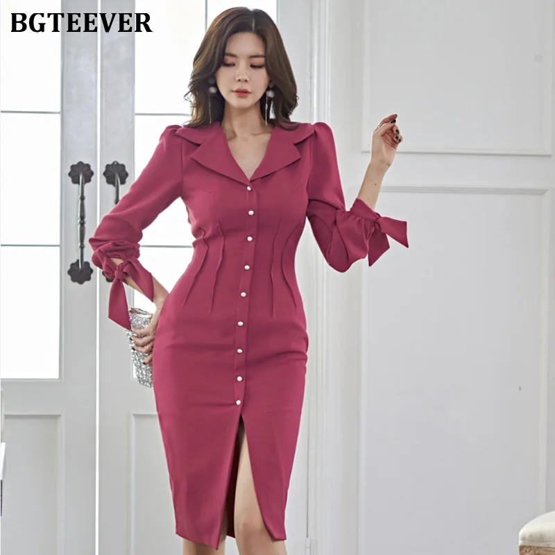 BGTEEEVR сексуальное однобортное женское платье с отложным воротником элегантное