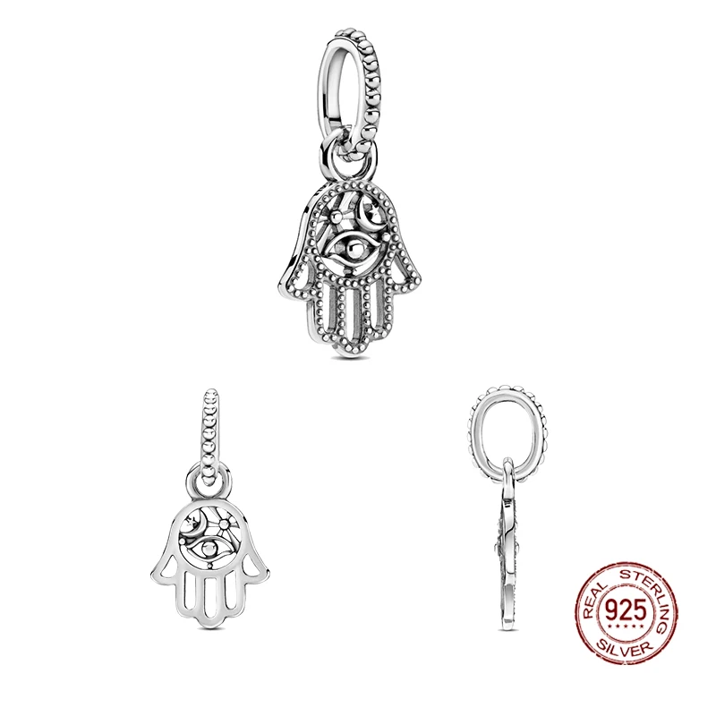 

2021 Hot Sale 925 Sterling Silver Protective Hamsa Hand Dangle Charm Beads Fit Original Pandora Bracelet For Women Gift