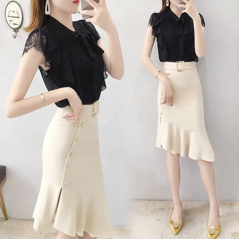 

Женский костюм из 2 предметов, шифоновая футболка и юбка, Черная кружевная Лоскутная футболка + юбка до колена с высокой талией, W65, лето