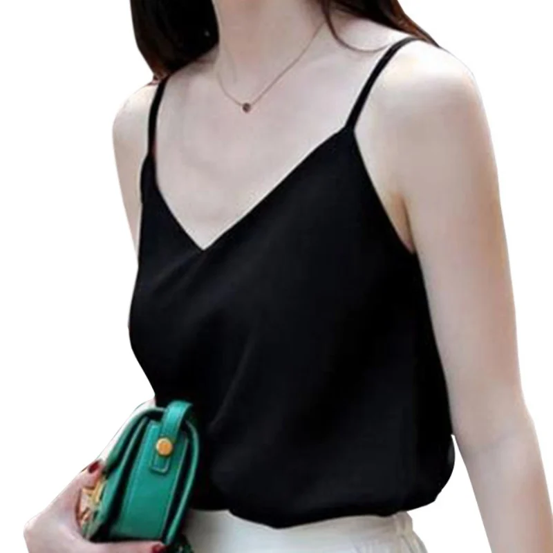 Шифоновая женская летняя футболка без рукавов сексуальная майка с v-образным