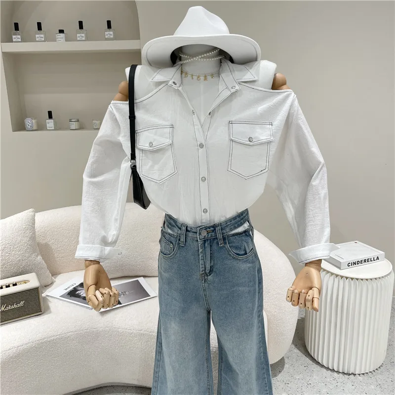 

Women's Spring Summer 2021 Fashion Denim shirt coat Sexy off the shoulder design short Top