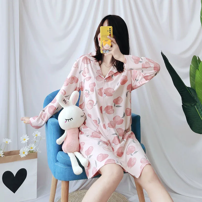 

2020 Peach Banana Printing Pajamas for Women Cotton Long-Sleeved Pijamas Knitted Nightgown Sweet Loose Sleepwear 2 Piece Suit