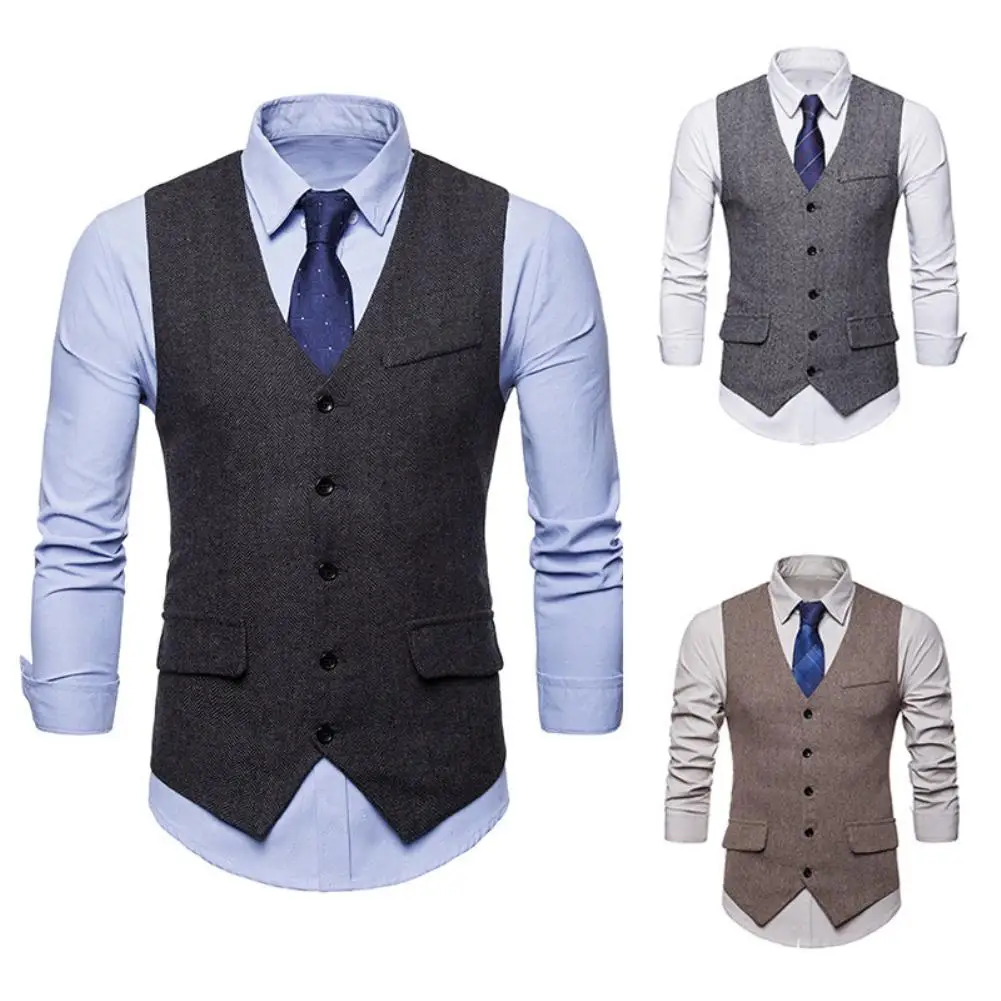 

Men Sleeveless V Neck Single-breasted Herringbone Gilet Busines Suit Waistcoat Herringbone vest XXL Casual cotton blend prom
