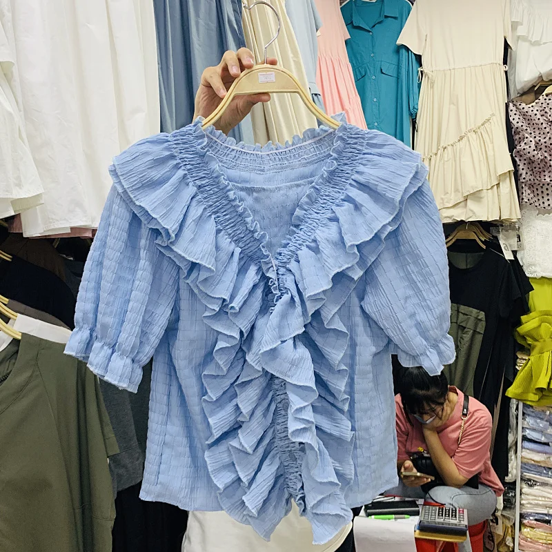 Однотонная рубашка женская летняя блузка с коротким рукавом новинка 2021