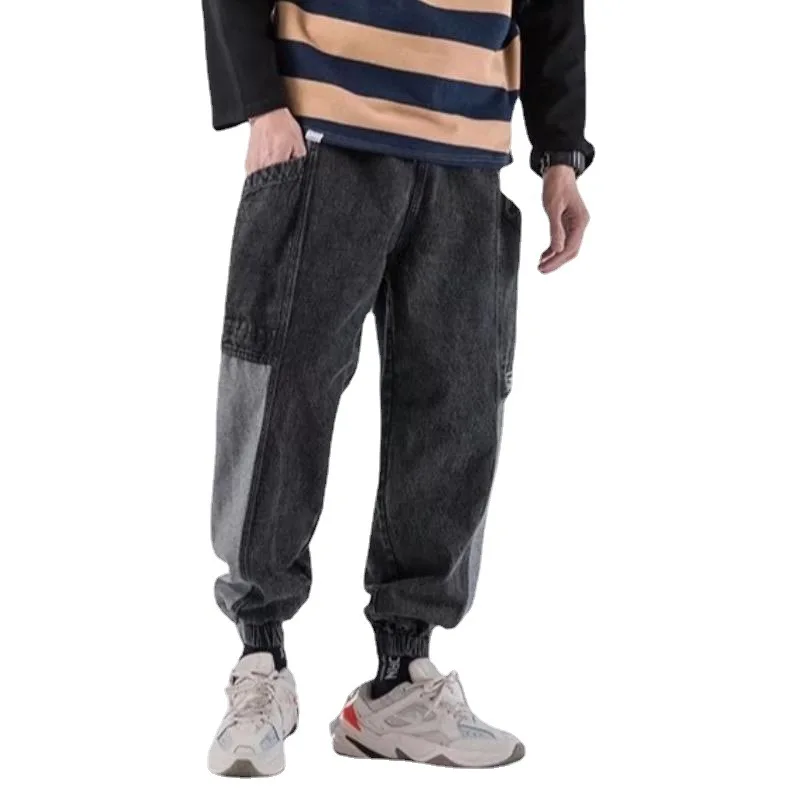 Baggy Jeans Men's Patchwork Cargo Pants Loose Denim Harem Pants Stretch Waist Ankle-length Pants Brown Patchwork Jeans Hip Hop