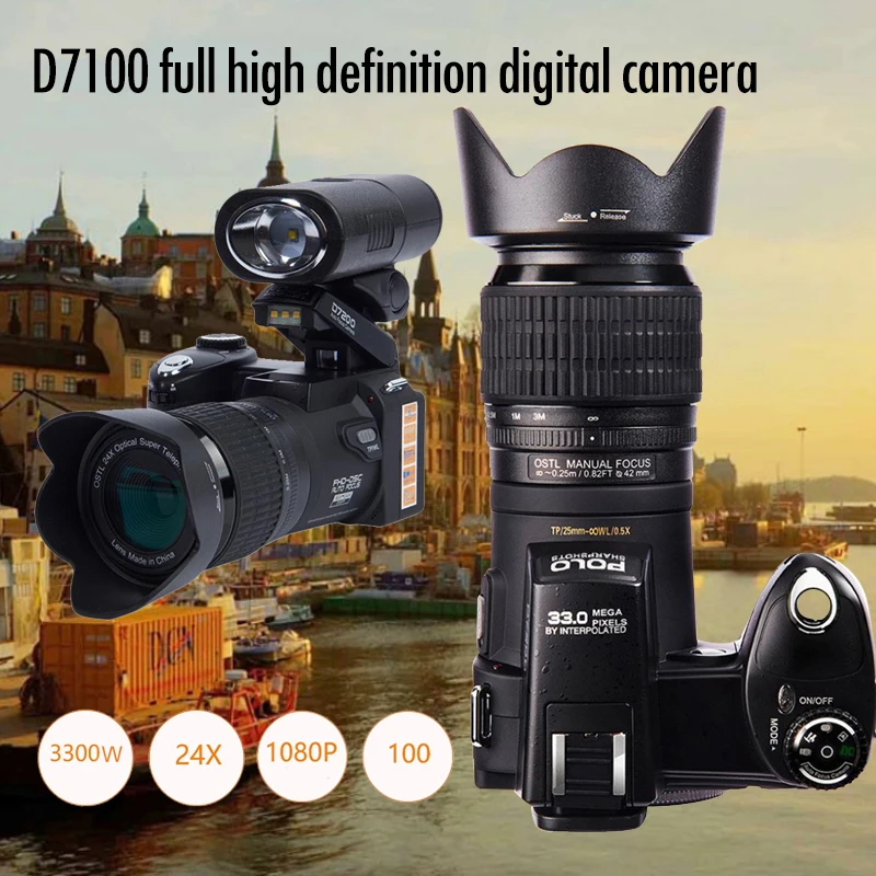 D7100 HD POLO цифровая камера Профессиональная зеркальная видеокамера 33 млн пикселей автоматическая фокусировка DSLR камера 24X оптический зум три объектива