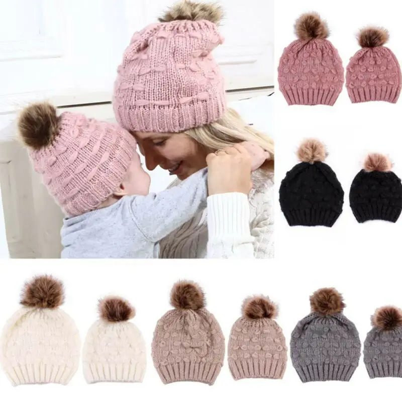 

2pcs Mom Kid Beanie Hat Cap Knitted Hat Newborn Baby Knit Soild Cotton Blend Cap
