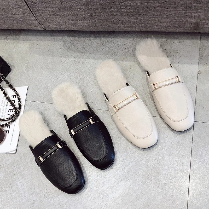 Меховые плюшевые тапочки с металлической пряжкой однотонные кожаные туфли