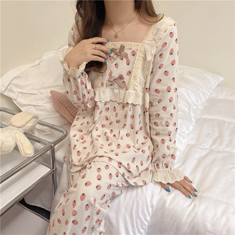 

CBAFU spring autumn long sleeve pajamas set women 2 piece set homewear pants sleepwear lacework ruffles pullovers trousers M771