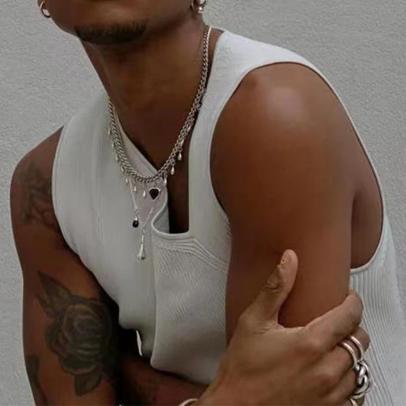 

2021 Summer New Casual Knitted Tops Men Hipster Slash Neck Slim Vest Tee White Solid Sleeveless Fashion Tank Tops Men Streetwear