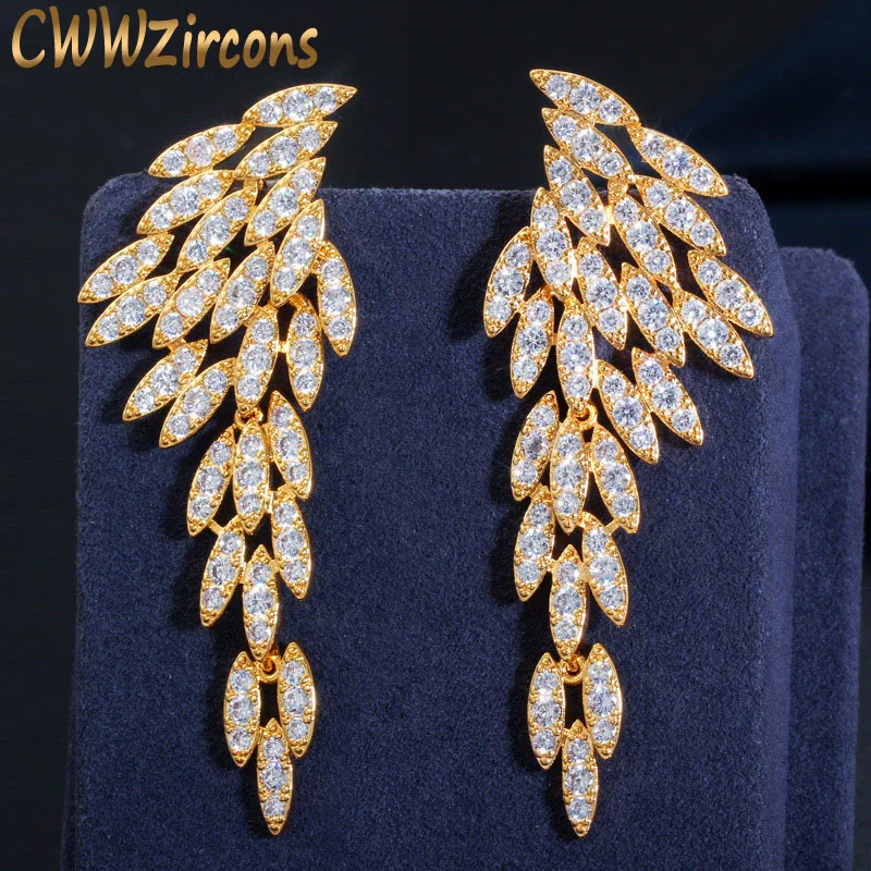 CWWZircons элегантные 18k позолоченные фианиты длинные висячие серьги с перьями и