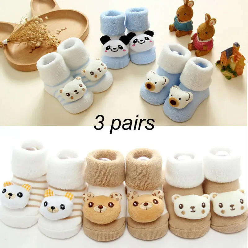 3 Pairs 0-18M Socks Newborn Baby Children Cartoon Girls Boys Anti-Slip Slipper Shoes Boots Autumn Winter | Детская одежда и обувь