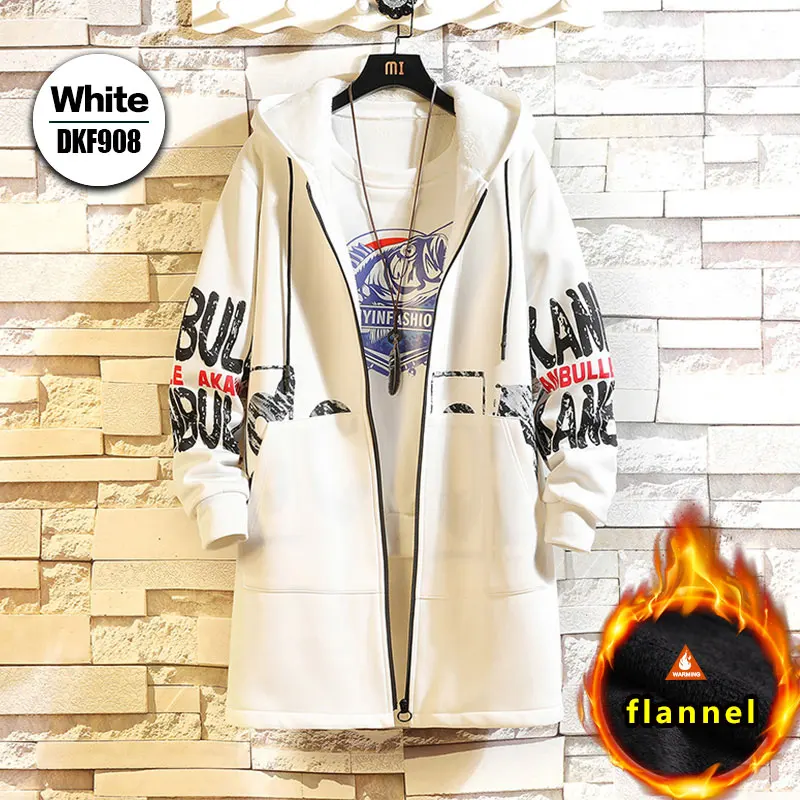 Флисовая Куртка, зимние мужские парки, 5XL, с принтом, военный, японский, с капюшоном, длинный плащ, черный, в стиле хип-хоп, уличная одежда, Толстые мужские куртки - Цвет: DKF908White