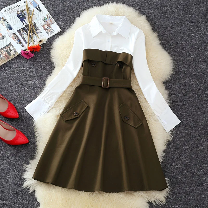 Платье женское с карманами приталенное элегантное офисное платье-рубашка поясом