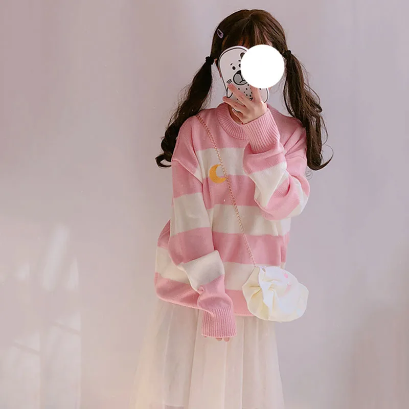 Japanese Cute Girls knit Sweater Women Kawaii Moon Embroidery Stripes Purple Knitted Pullovers Winter Preppy Style Jumper Tops | Женская