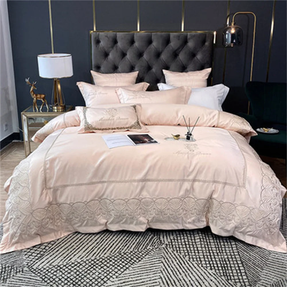

White Light Luxury Chic Embroidery 60S Satin Silk Cotton Bedding Set Double Duvet Cover Set Bed Linen Pillowcases Bedding 4pcs