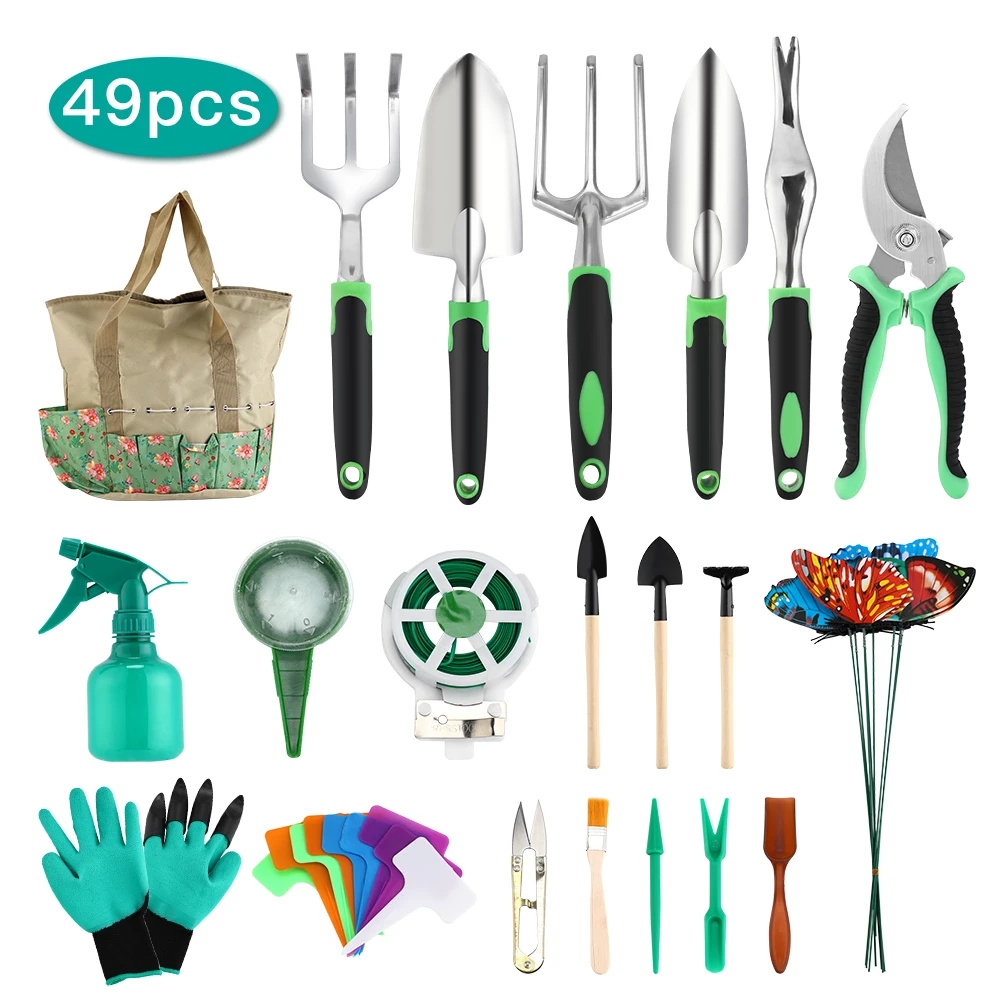 

49 Pcs Garden Tools Set,Gardening Tools Aluminum with Soft Rubberized Non-Slip Handle Tools with Durable Storage Tote Bag
