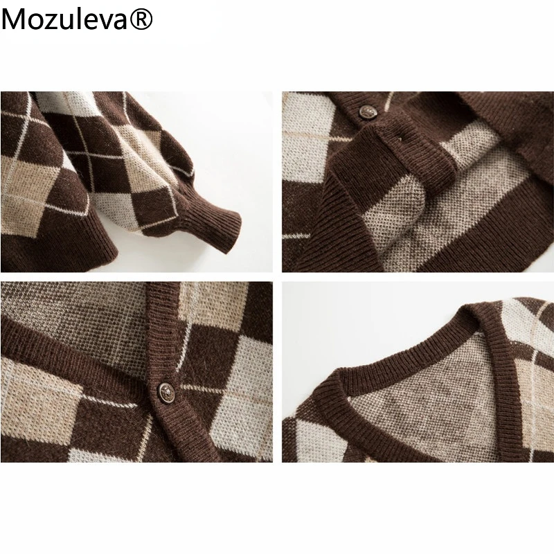 Mozuleva New Autumn Vintage Argyle Knitted Sweaters Women Casual V-neck Full Sleeve Single-breasted Loose Female Cardigans 2021 |
