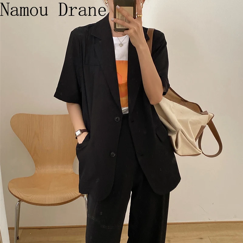 

Korean-Style Chic Retro Lapel Two-Button Loose Thin Suit Jacket + Drape High-Waist Wide-Leg Mopping Trousers womens pantsuit