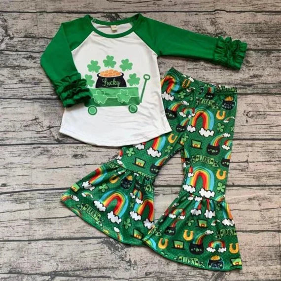 

Spring Style St Patrick's Day Clover and Rainbow Long Sleeve Icing Shirt Bell-Bottom Pants 2 Pieces Set Fast Shipping