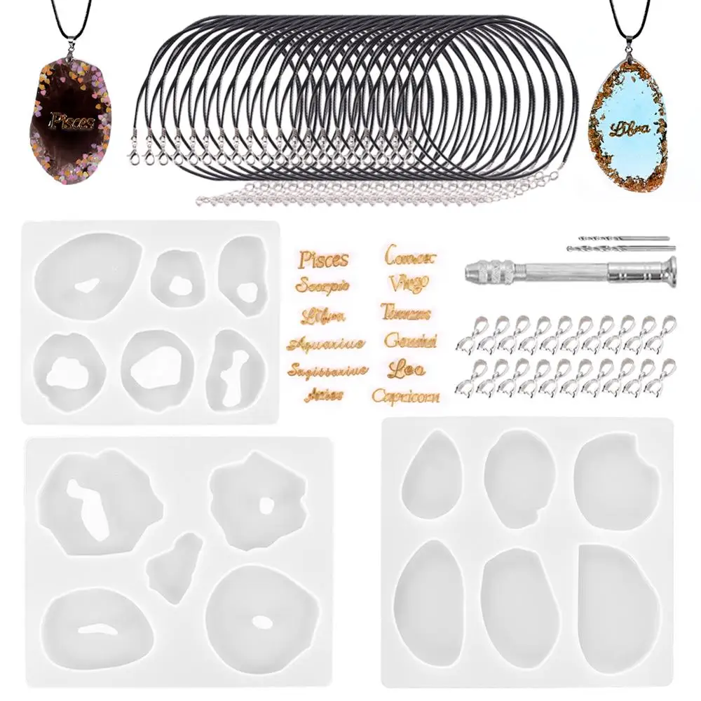 

56Pcs Pendant Necklace Making Tools Set Stone Silicone Molds Leather Cord Rope Constellation Letters Twist Drill Jewelry Casting