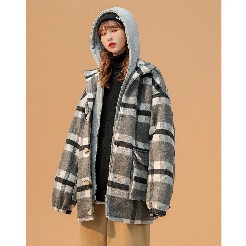 

2021 New Autumn and Winter Holiday Two-piece Loose Hooded Woolen Coat Female Japanese Urban Casual Plaid Coat