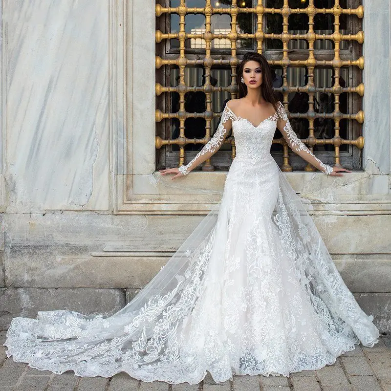 Vestido de Noiva Long Sleeve Mermaid Wedding Dress Lace Appliques Illusion Button Back Gown with Detachable Skirt | Свадьбы и