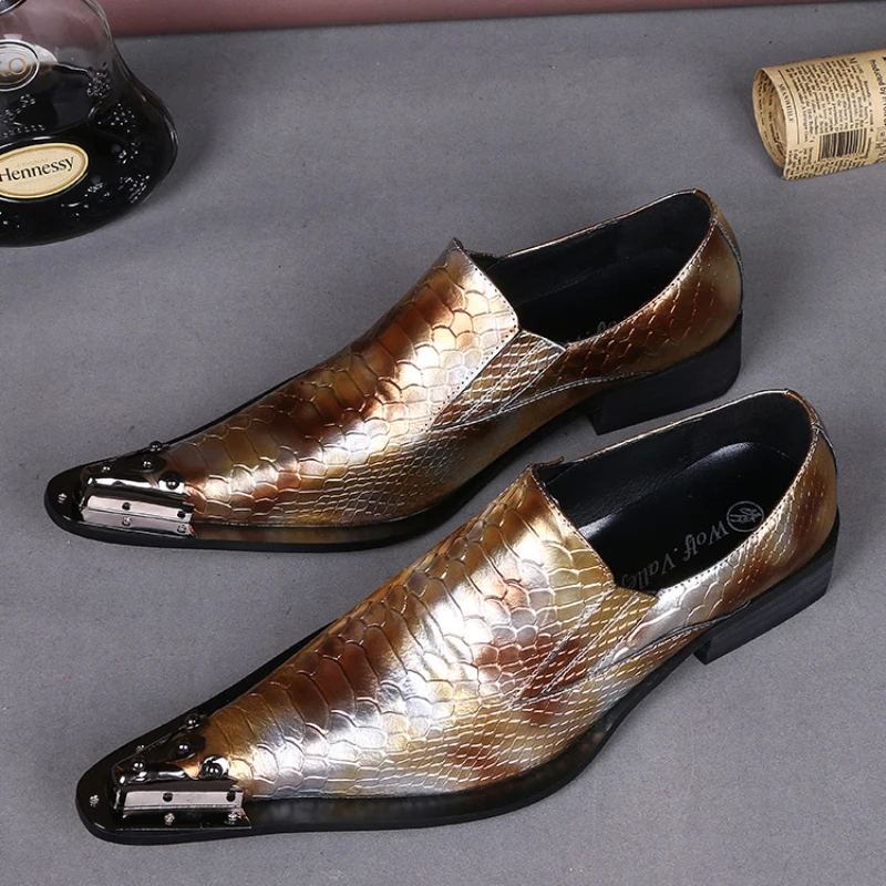 

Christia Bella Men Party Business Genuine Leather Shoes Texture Metal Pointed Toe Men Office Prom Dress Shoes Wedding Male Shoes