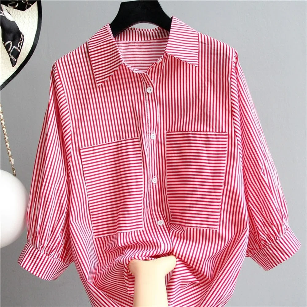

100% Cotton Striped Shirt Blouse Red 2021 New Women Autumn Long Sleeve Tops Korean Oversized Loose Large Size Shirts White