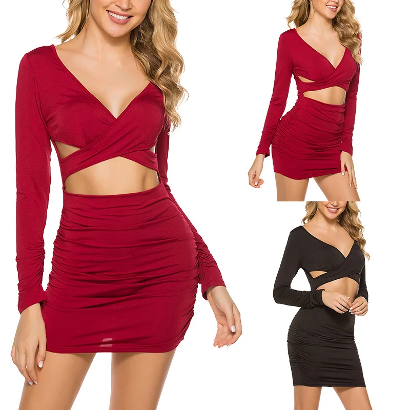 

Сексуальное женское платье с V-образным вырезом, однотонное платье с перекрещивающимися манжетами, плиссированное Бандажное тонкое платье ...