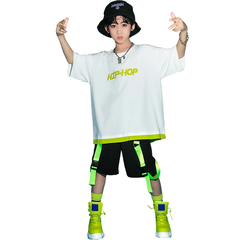 

2021 Hip Hop Dance Clothes For Kids White T Shirt Neon Green Belt Pants Girls Boys Street Dance Show Costume Stage Outfit BL5906