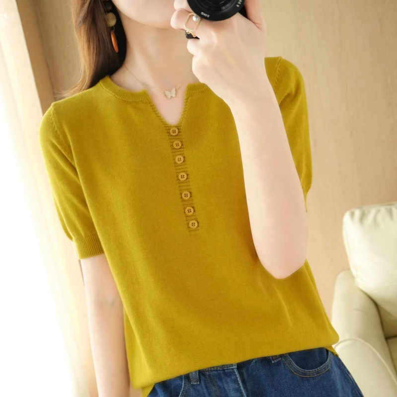 

New summer lazy short sleeve women's loose knit T-shirt all together button cotton top YUHANRONG