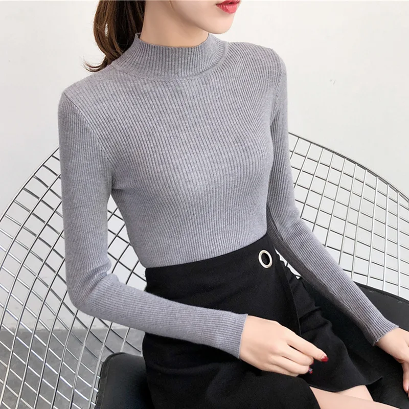 Autumn Half Turtleneck Bodycon Sweaters Women Solid Basic Pullovers Slim Fit Street Knitwear 2020 Knitted Femme Swearter L0038 | Женская
