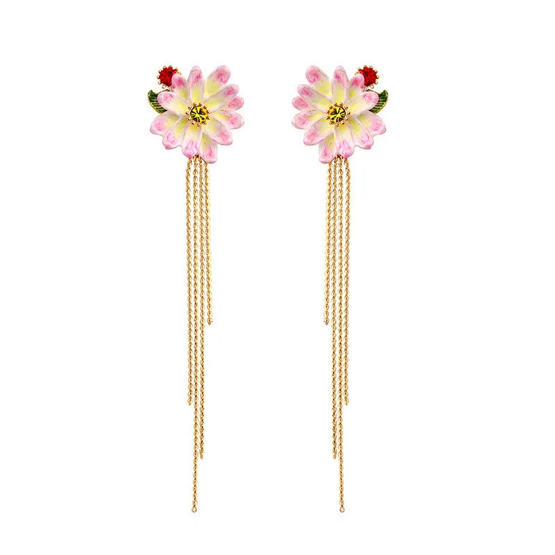 

Net Red Flower Earrings Personality Long Tassel Repair Face Earrings Female Hand-painted Enamel Flowers Without Pierced Ear Clip